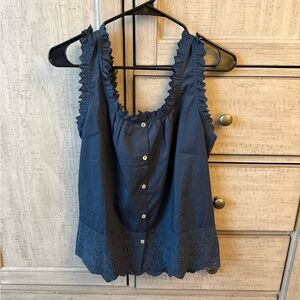 Market & Spruce Navy Eyelet Button-Front Ruffle Tank